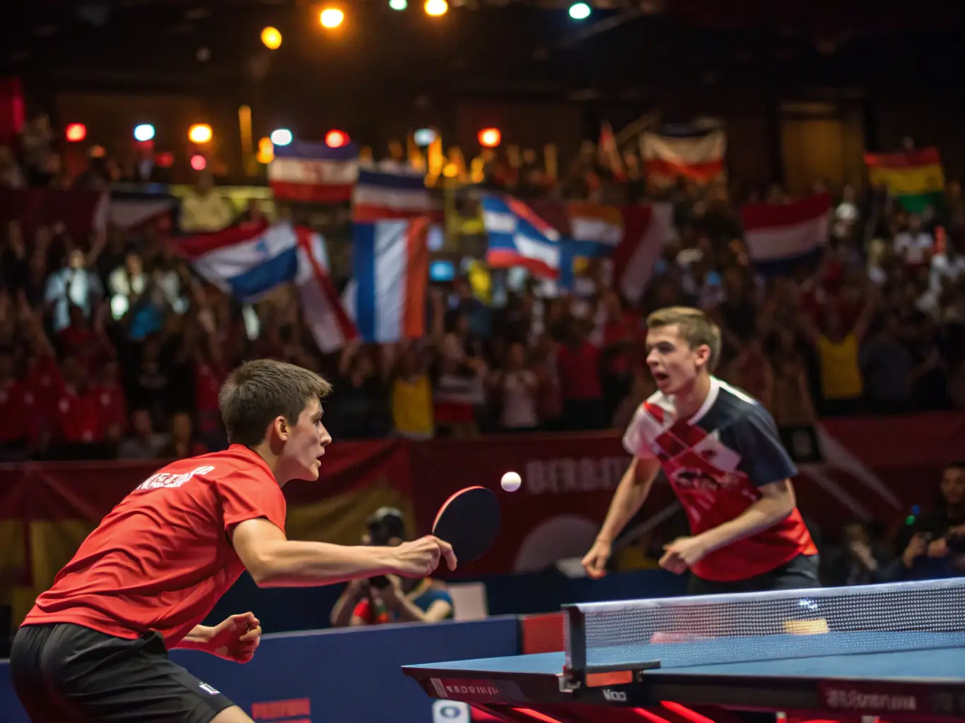 An action shot capturing the excitement of a community table tennis tournament, showcasing players competing fiercely, spectators cheering, and the overall vibrant atmosphere of the event.