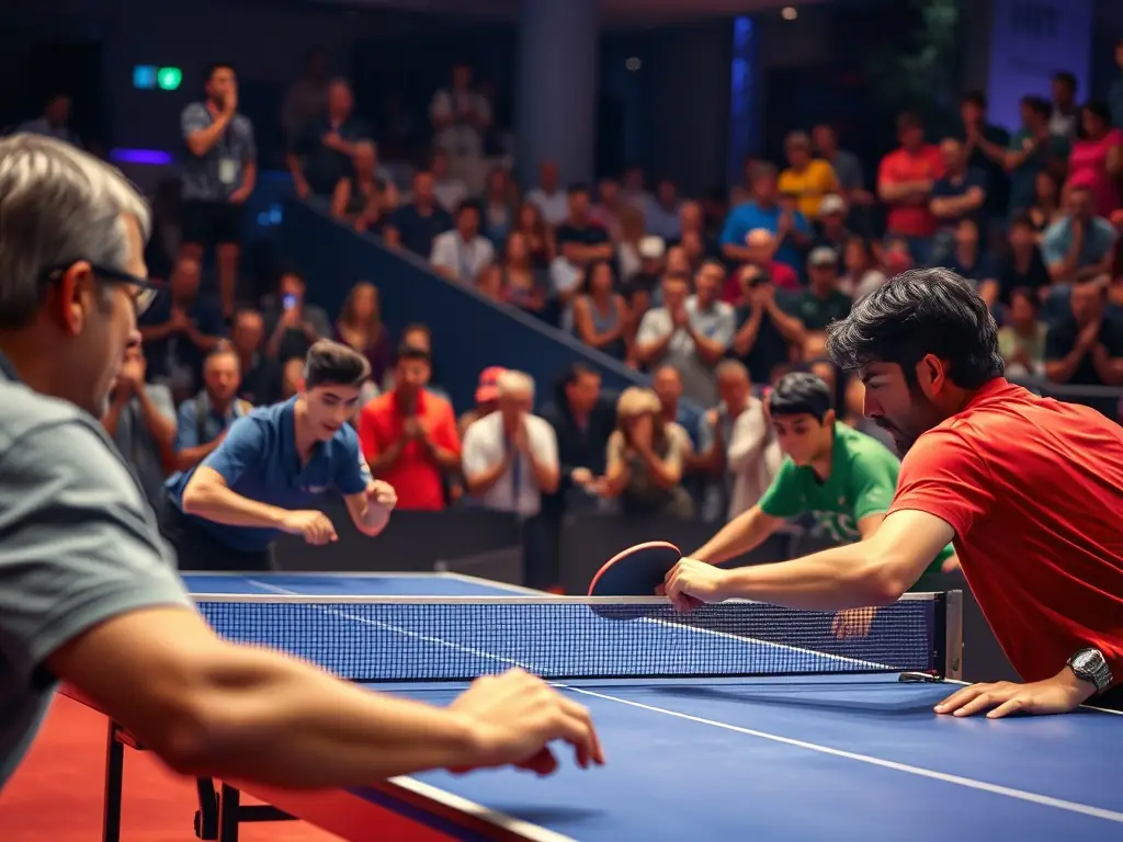 An exciting scene from a local table tennis tournament organized by LSVTT, with players competing and spectators cheering.