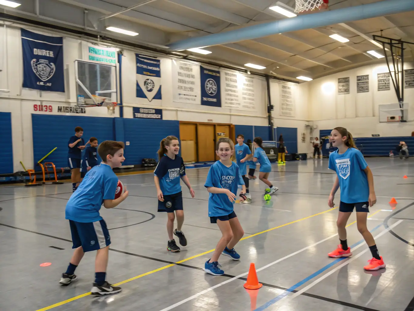 A dynamic image of young participants actively involved in a table tennis training session at a local school, highlighting the energy and enthusiasm of the youth program, with coaches providing guidance and encouragement.