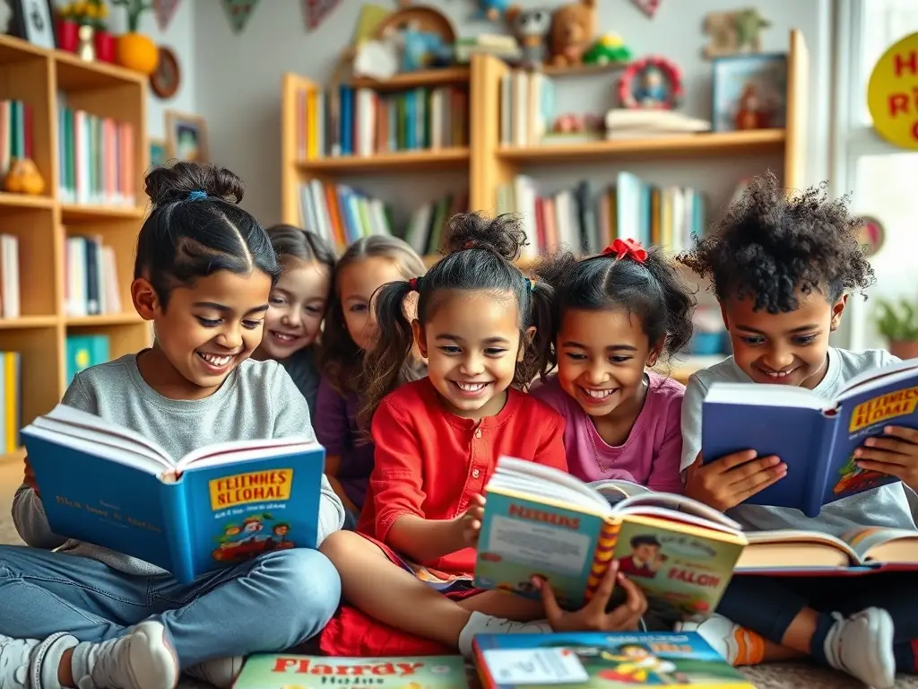 A group of children engaged in a tutoring session with a volunteer, smiling and actively participating, representing AYLF's Educational Support Programs.